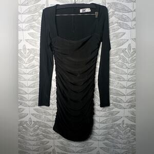 Tiger Mist Black Dress Long Sleeve Ruched Mini Square Neck LBD